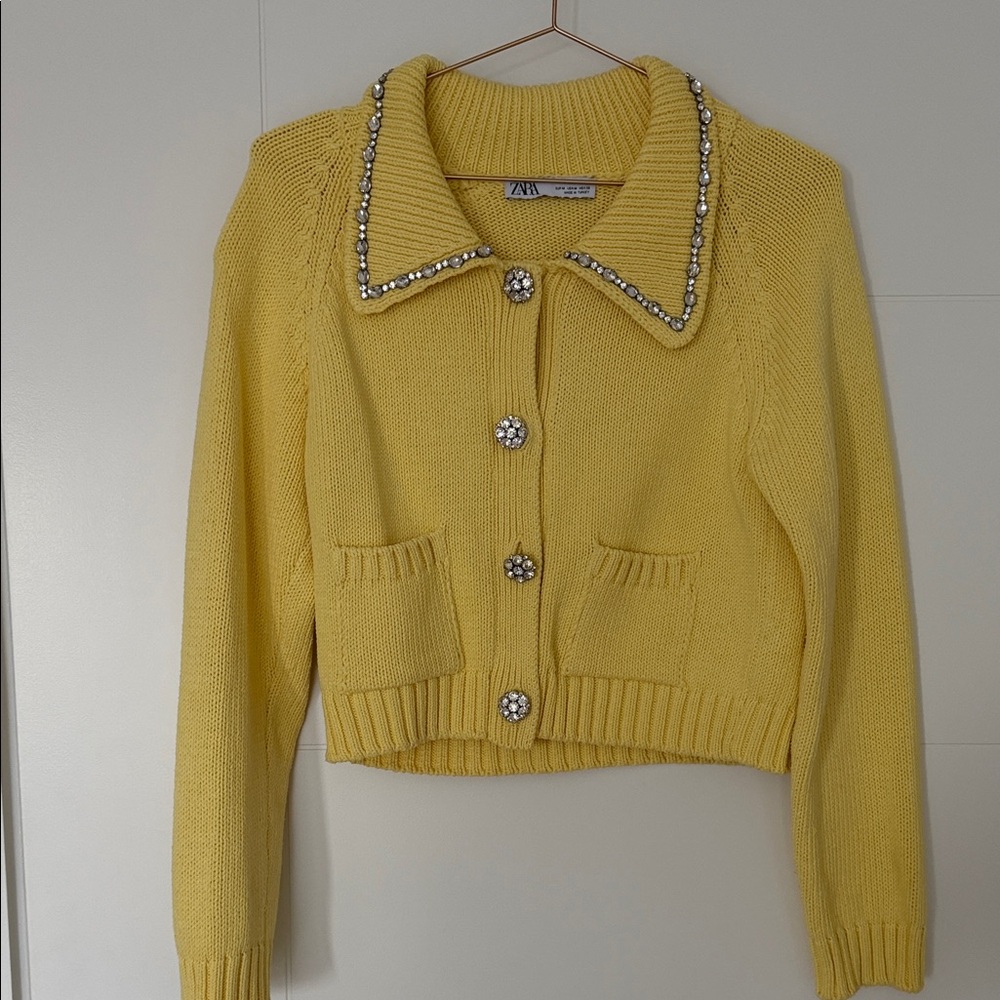 Zara Yellow Cardigan with Embellished Collar